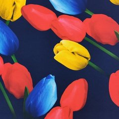 Креп костюмка тюльпани на темно синьому фоні